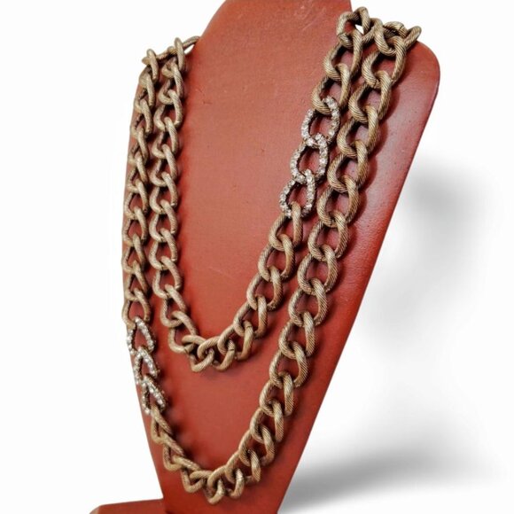 Crystal Accented Antique Gold Tone Chunky Heavy Curb Link Chain Necklace  JW1546 - Picture 4 of 5